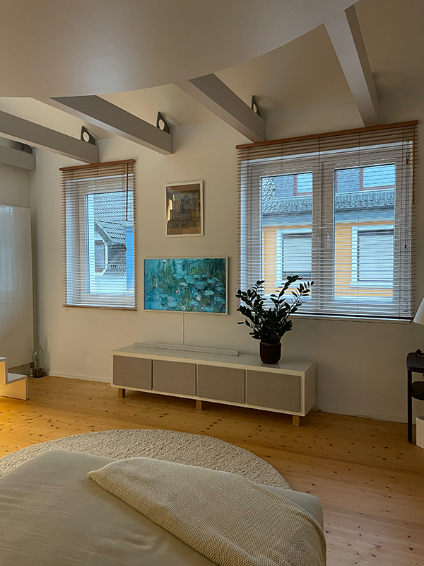 Minimalist living room with wooden floor, two windows with blinds, a low white cabinet, a potted plant, and framed wall art.