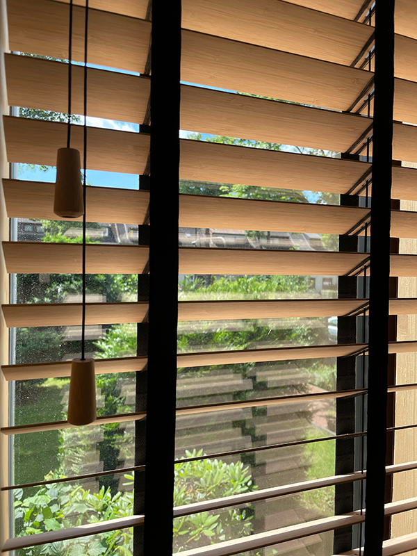 Wooden desk with a printer, a desk lamp, and a cordless phone in front of a window showing residential buildings outside.